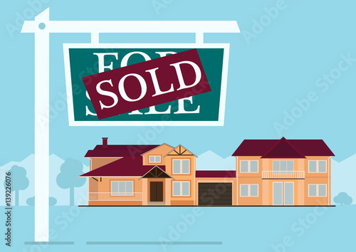 Fototapeta Naklejka Na Ścianę i Meble -  Sold sign in front of cute house in flat building style. background with blue pastel colors. country views with trees and shrubs. vector illustration for real estate purchase