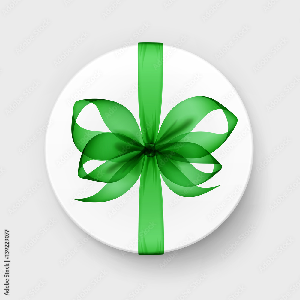 Vector Round Gift Box with Transparent Green Emerald Bow and Ribbon Top View Close up Isolated on Background Vector Round Gift Box with Transparent Green Emerald Bow and Ribbon Top View Close up Isolated on Background