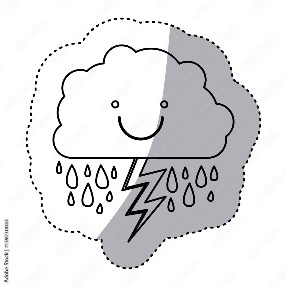 monochrome contour sticker of smiling cloud with rain and lightning vector illustration monochrome contour sticker of smiling cloud with rain and lightning vector illustration