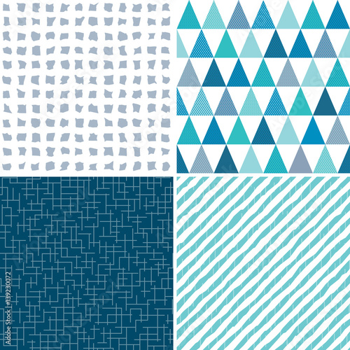 Set of seamless geometric masculine patterns in aqua, gray and blue with grunge textured overlay. Includes triangles, stripes and checks, for gift wrapping paper, wallpapers and surface textures.