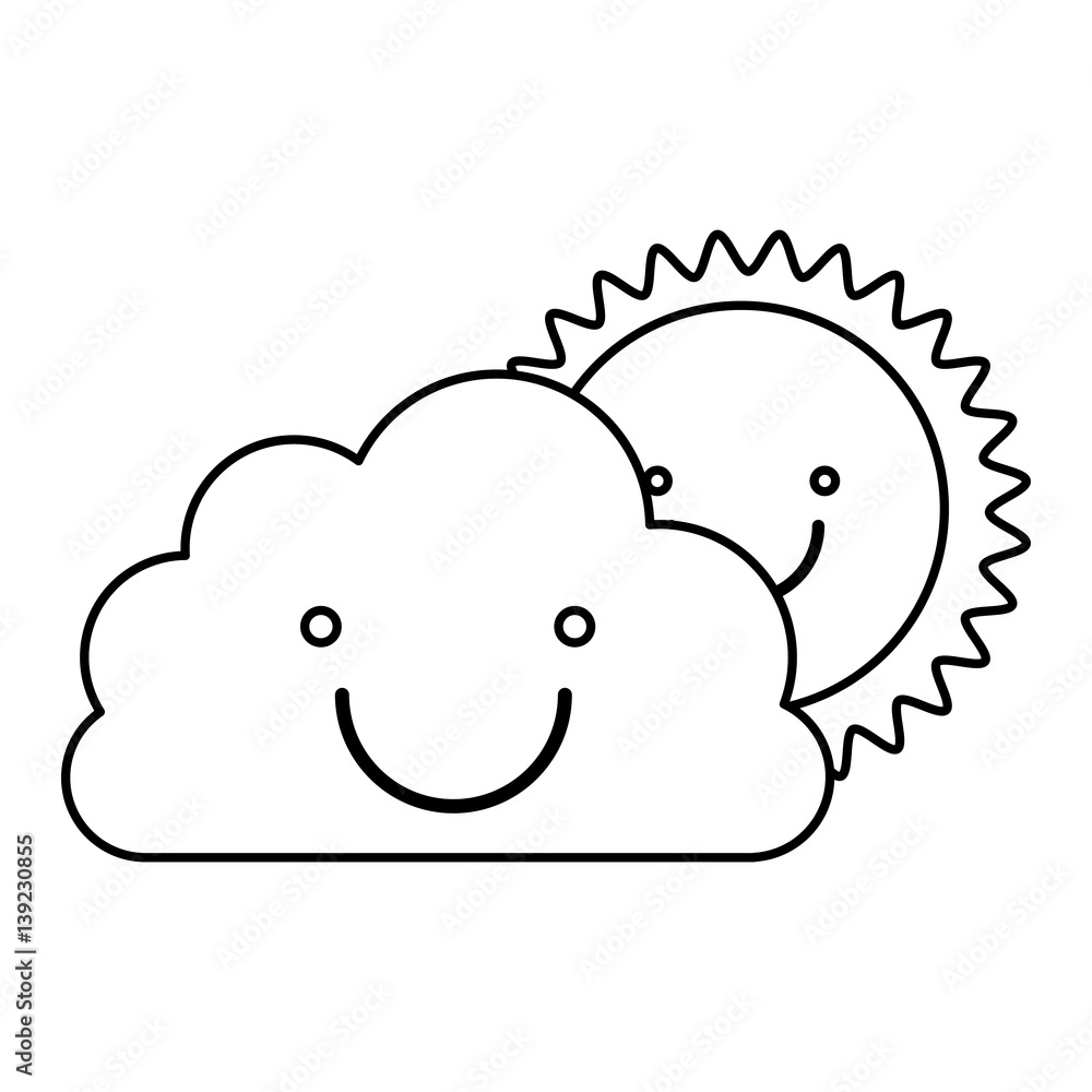 monochrome contour of smiling cloud with sun vector illustration monochrome contour of smiling cloud with sun vector illustration