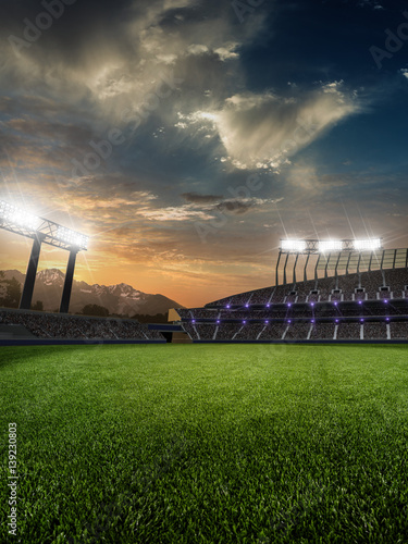 stadium sunset  with people fans. 3d render illustration cloudy sky 