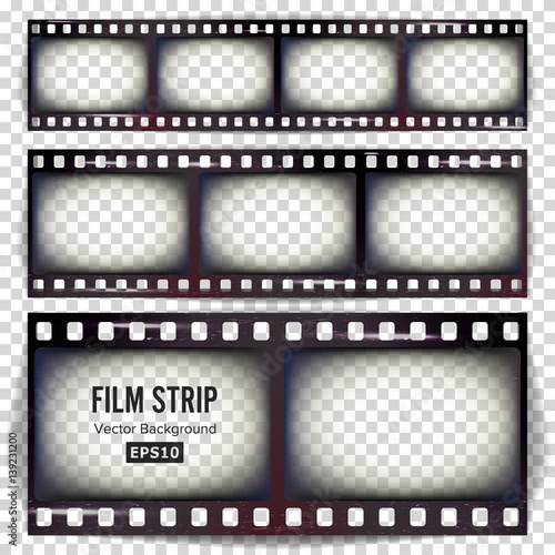 Film Strip Vector. Set Realistic Frame Strip Blank Scratched Isolated On Transparent Background.