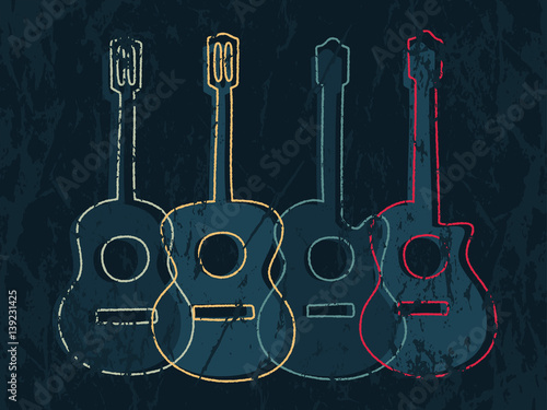 Classic and acoustic guitar graphic with simple drawing line and grunge texture.