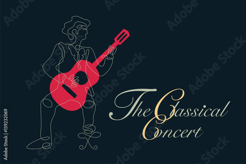 Classical guitar graphic with simple drawing line in shape of guitarist and space for text.