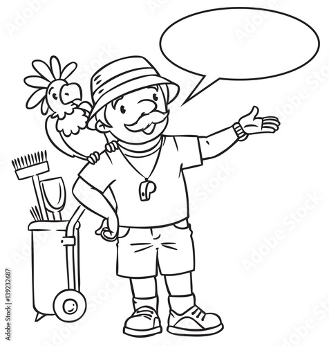 Coloring book of funny zoo keeper with parrot