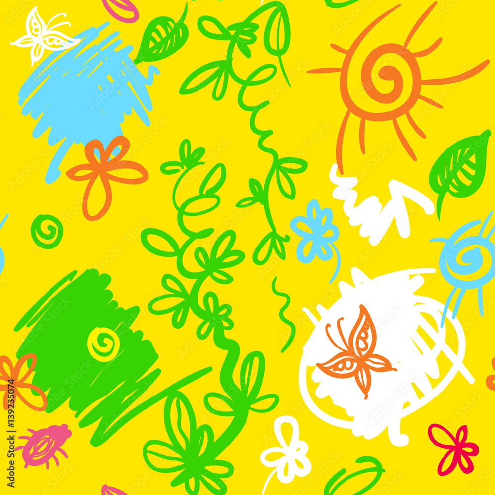 funny abstract yellow pattern with flowers butterflies and spots