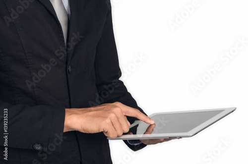 Businessman with digital tablet isolated.