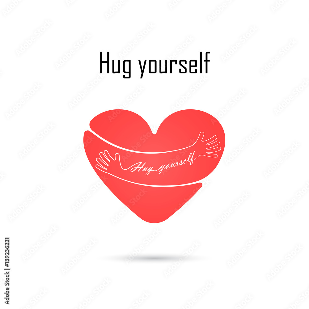 Hug yourself logo.Love yourself logo.Love and Heart Care icon.Embrace heart logo design vector template.Embracing logotype negative space icon.Heart shape and healthcare & medical concept