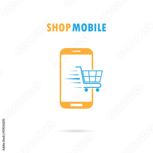 Mobile phone with online shopping application.Internet shopping phone concept illustration.Shopping cart flying out of phone screen.Buying shopping online.