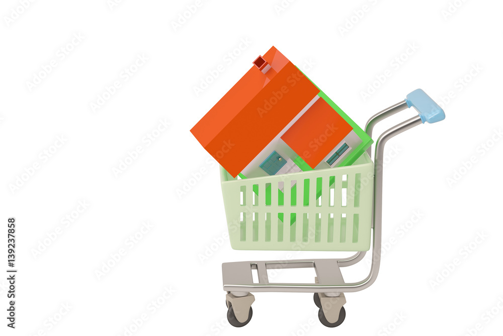 House in a shopping cart isolated on white.3D illustration. House in a shopping cart isolated on white.3D illustration.
