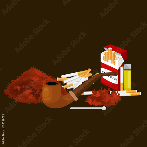 Smoking wooden pipe with tobacco for rolled cigarette and pack smoking equipment vector illustration