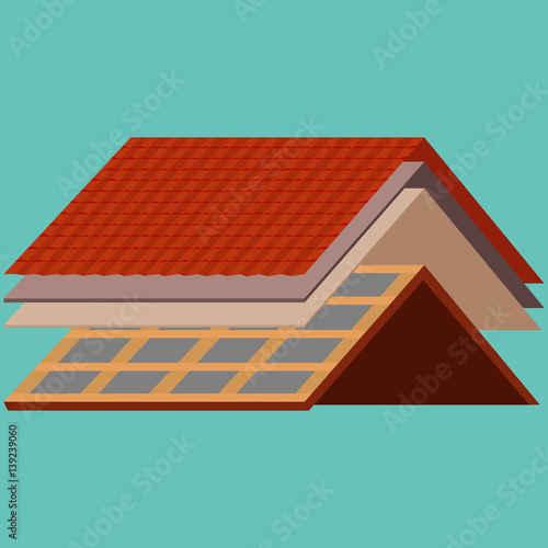 roof construction worker repair home, build structure fixing rooftop tile house with labor equipment, roofer men with work tools in hands outdoors renovation residential vector illustration