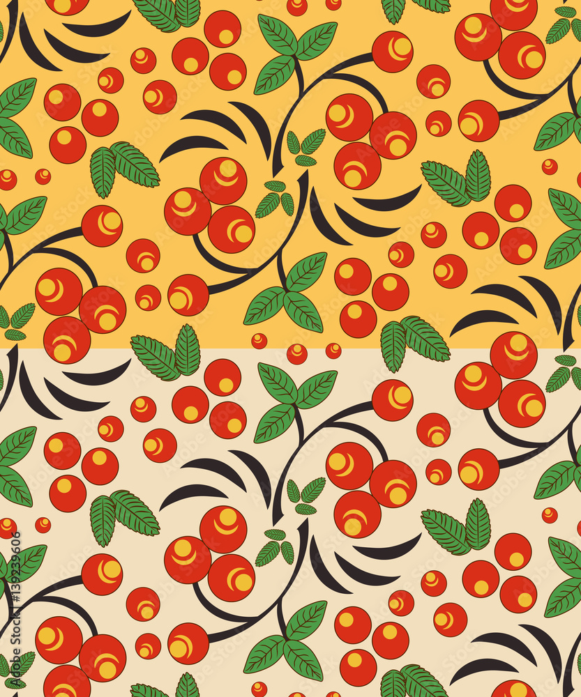 Two seamless berry pattern with bunch of rowan in two versions in Khokhloma colors. Traditional russian Khokhloma ornament. Vector illustration Two seamless berry pattern with bunch of rowan in two versions in Khokhloma colors. Traditional russian Khokhloma ornament. Vector illustration