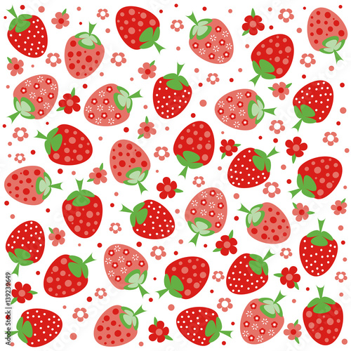 Seamless pattern with ornament of red strawberries and flowers on white background. Vector illustration