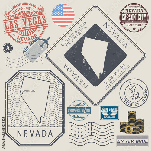 Retro vintage postage stamps set Nevada, United States