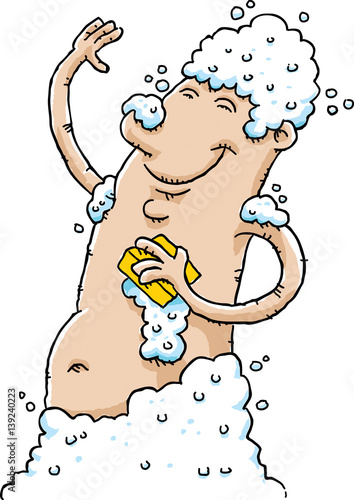 A happy,cartoon man covered in suds scubbing himself clean with a sponge.