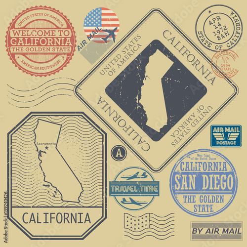 Retro vintage postage stamps set California, United States