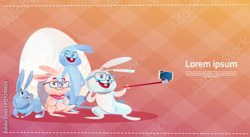 Rabbit Taking Selfie Photo Easter Holiday Bunny Decorated Eggs Greeting Card Flat Vector Illustration