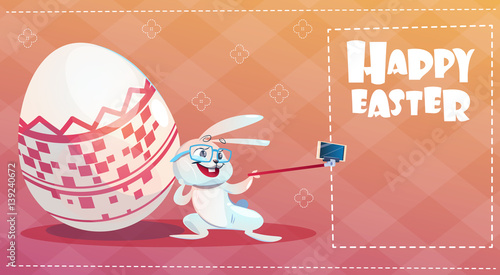 Rabbit Taking Selfie Photo Easter Holiday Bunny Decorated Eggs Greeting Card Flat Vector Illustration