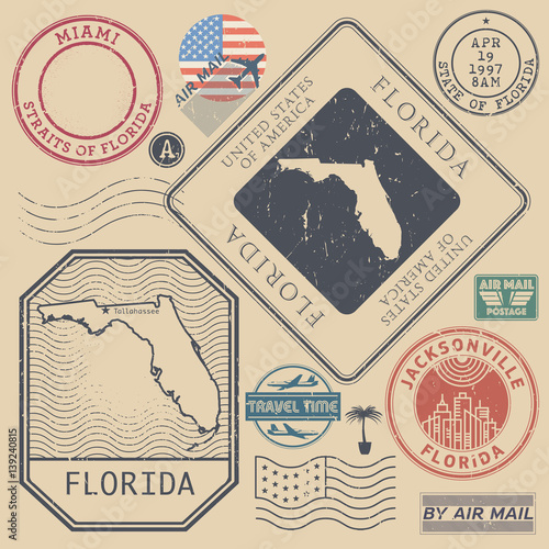 Retro vintage postage stamps set Florida, United States
