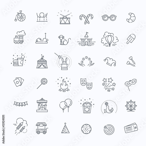 Amusement park sings set. Thin line art icons. Linear style