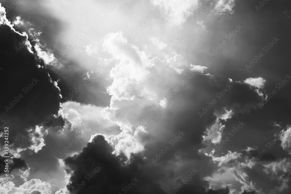 Dramatic sunlight of blue sky and clouds in Black and White.