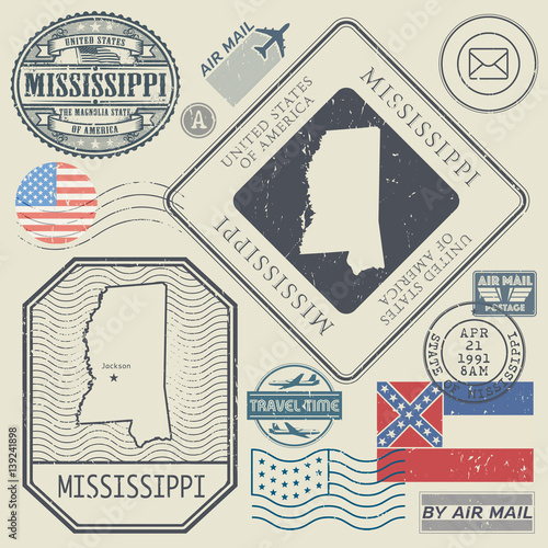 Retro vintage postage stamps set Mississippi, United States