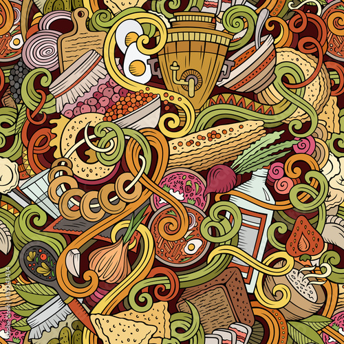 Cartoon doodles Russian food seamless pattern