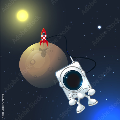 Cartoon astronaut visiting planet with rocket