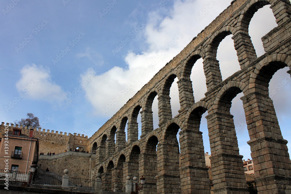 Ancient roman aqueduct in Segovia, Spain. Water transport