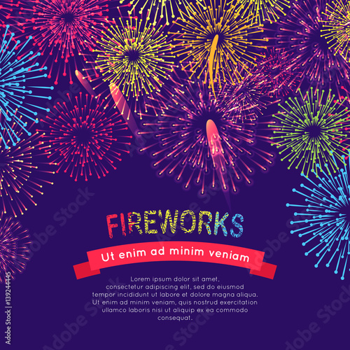 Fireworks Web Banner on Blue. Burst of Salute