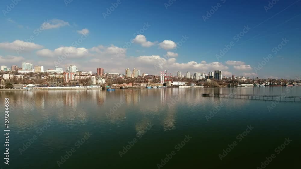 Scenic spring view of the urban architecture with Don river embankment. Aerial view. Scenic spring view of the urban architecture with Don river embankment. Aerial view.