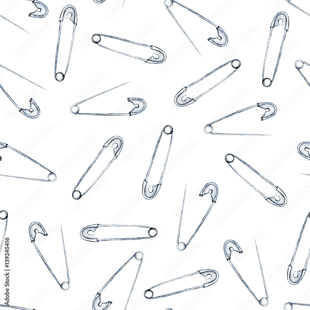 Seamless pattern with watercolor safety pins, hand drawn isolated on a white background Seamless pattern with watercolor safety pins, hand drawn isolated on a white background
