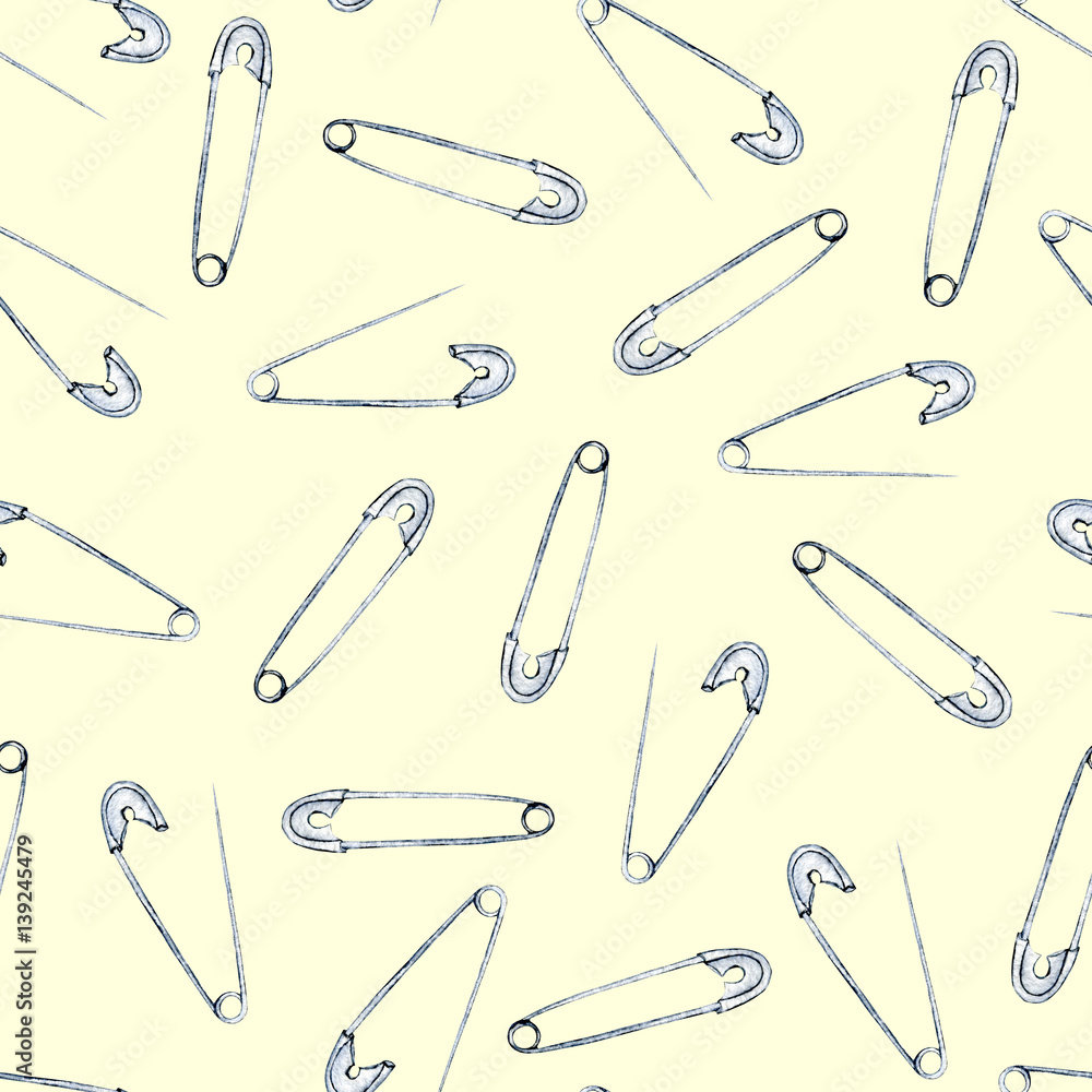 Seamless pattern with watercolor safety pins, hand drawn isolated on a light yellow background Seamless pattern with watercolor safety pins, hand drawn isolated on a light yellow background