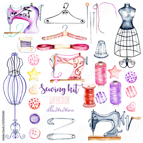 Set, collection of watercolor sewing elements, hand drawn isolated on a white background