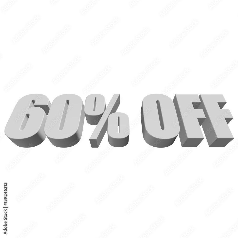 60 percent off letters on white background. 3d render isolated.