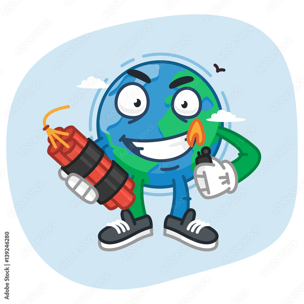 Fototapeta premium Character Earth Holds Lighter and Dynamite