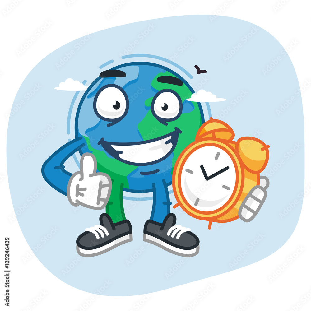 Character Earth Holding Clock and Showing Thumbs Up