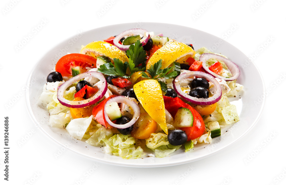 Greek salad on white background