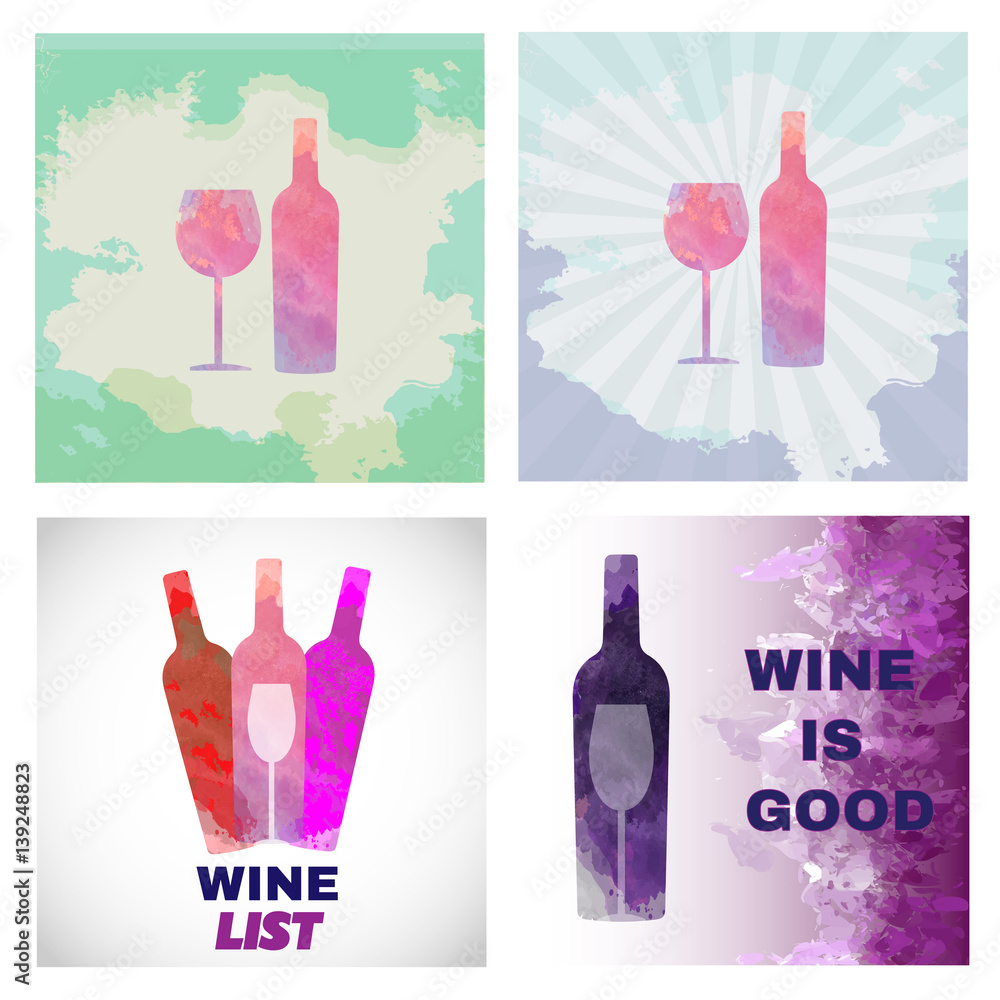 Wine tasting card set, with colored bottle and a glass over a burgundy background. Digital vector image.