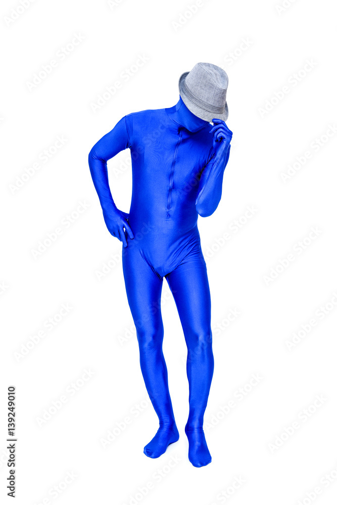 Mysterious blue man in morphsuit wears a white hat on his head