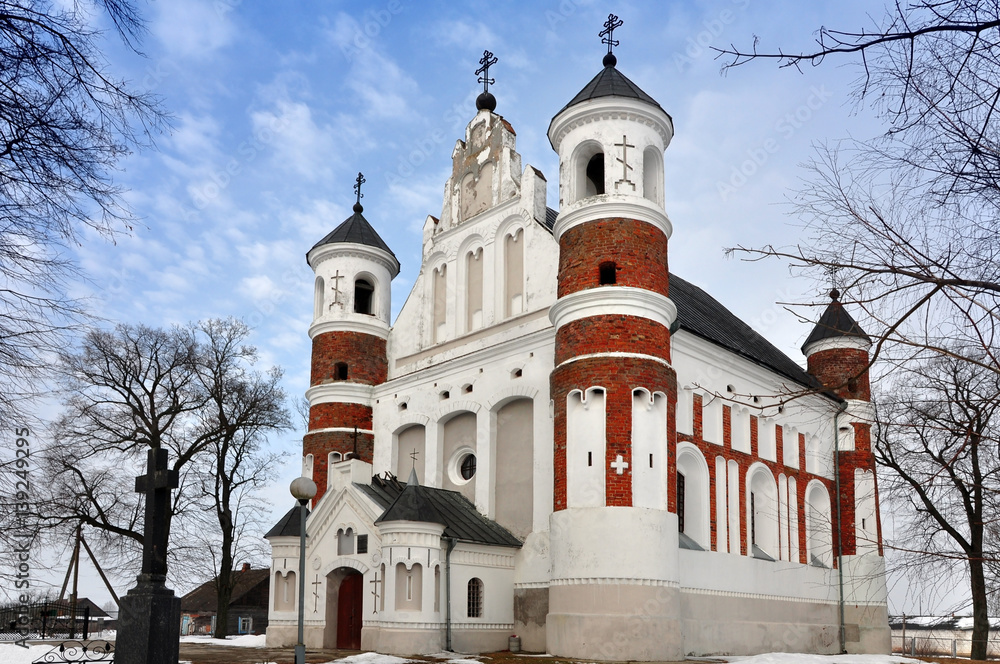 Defensive Orthodox Church of the Nativity of the Virgin in the village Murovanka, Grodno region, Belarus. View from the front facade.