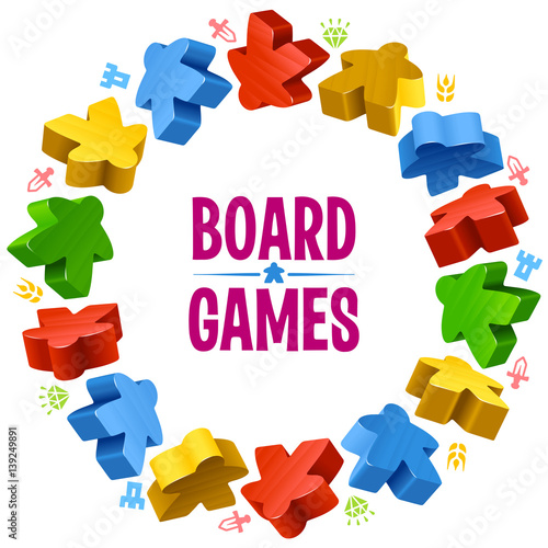 Circle frame of multicolored meeples for board games. Game pieces and resources counter icons isolated on background. Vector border for design boardgames advertisement or template of t-shirt print