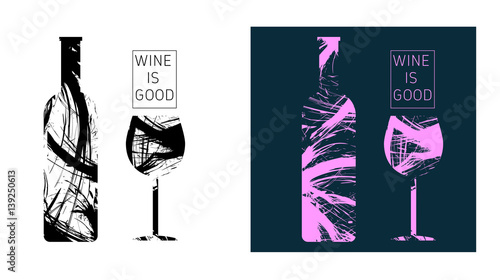Wine tasting card set, with colored bottle and a glass. Digital vector image.