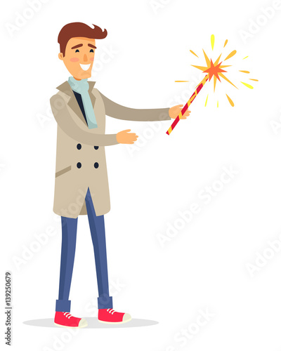 Isolated man in Beige Coat Holds Fireworks Device