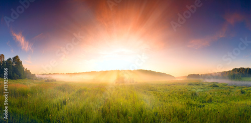 Fotografie landscape with the sunrise, a blossoming meadow and fog,panorama