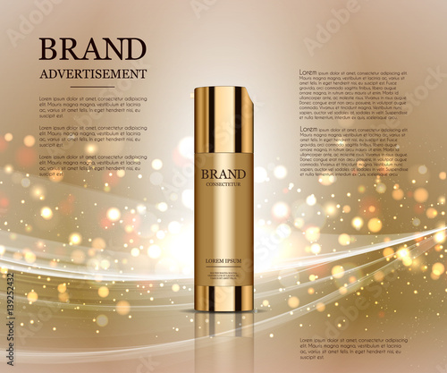 Cosmetic ads template, droplet bottle mockup isolated on dazzling background. Golden foil and bubbles elements. 3D illustration.