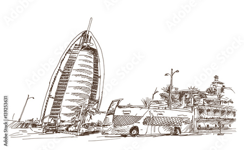 Sketch of Burj al arab with bus DUbai UAE in vector illustration.