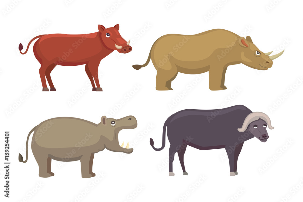 Obraz premium African animals cartoon vector set. elephant, rhino, giraffe, cheetah, zebra, hyena, lion, hippo, crocodile, gorila and outhers. safari isolated illustration